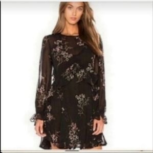 Astr black floral ruffle dress mini length Long illusion sleeves feminine I don'